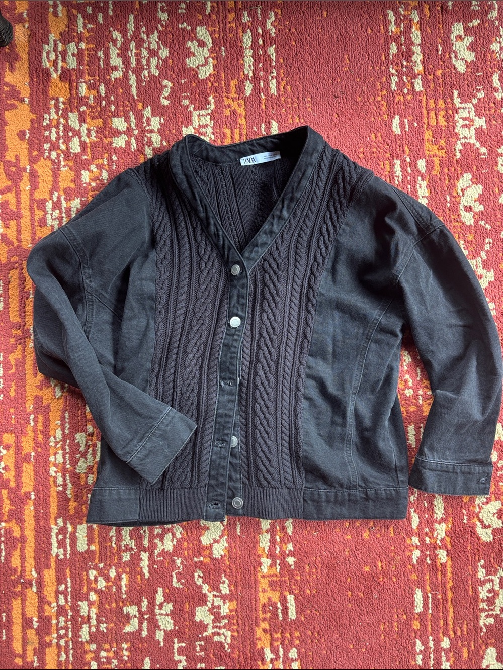 Zara Black Cable-Knit Panel Button-Front Jean Jacket